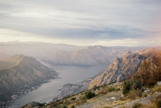 View from the top of the mountain to the valley of the Kotor Bay at sunset.