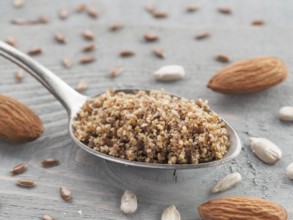 Homemade LSA mix in spoon - Linseed or flax seeds, Sunflower seeds and Almonds. Traditional