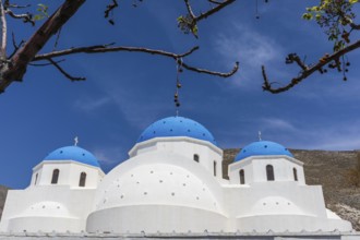 Blue church domes, Timios Stavros church, Perissa, Santorini island, Cyclades, Greece, Europe