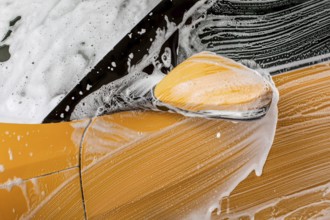 Detail on strokes left by brush in shampoo and foam, front mirror of a car washed in carwash