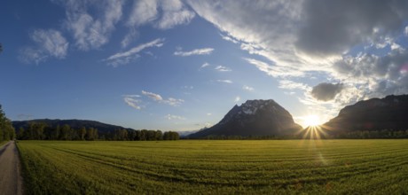 Sunset in Ennstal, mountain range Grimming, panoramic shot, near Irdning, Ennstal, Styria, Austria,