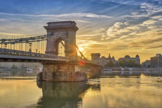 Budapest sunrise city skyline at Budapest Chain Bridge and Danube River, Budapest, Hungary, Europe