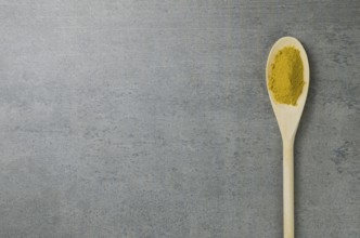 Turmeric spice in wooden spoon