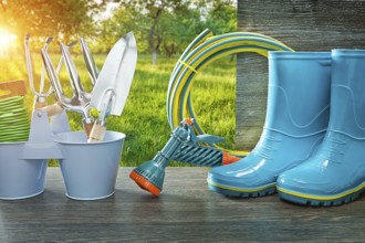 Gardening tools blue rubber rain boots hose sprayer gun spade and fork on vintage table in spring