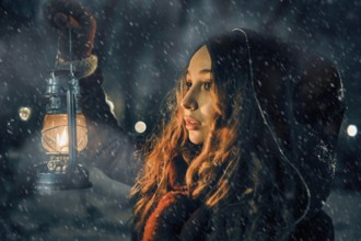 Young girl with lantern in winter forest fairy tale, book cover, christmas time