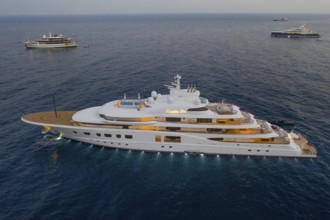 Aerial view of 104 metre motor yacht QUANTUM BLUE, delivered in 2014 by the German shipyard Lürssen