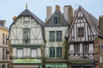 Three half-timbered houses on the Place de la Republique, Auray, Morbihan department, Bretagne