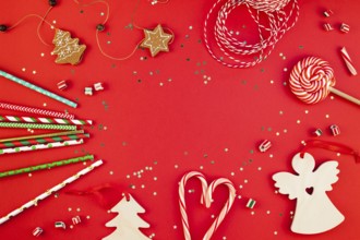 New Year or Christmas decoration flat lay top view Xmas holiday celebration handmade decor wooden