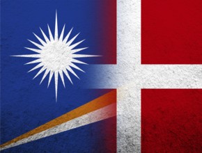 The Kingdom of Denmark National flag with the Republic of the Marshall Islands National flag.