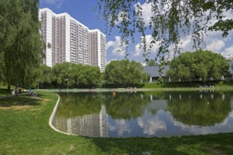 Moscow, Russia, Jume 15, 2021: Small Konkovsky pond. South-Western Administrative District of