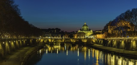 A picture of the St. Angelo Bridge, the St. Peter's Basilica and the Tiber river at night