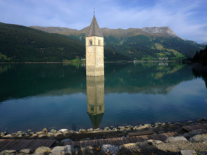 Lake Reschen, sunken church tower, Italy, South Tyrol, South Tyrol, Italy, Reschenlake, Europe
