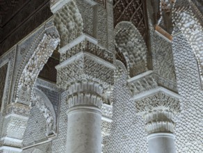 MARRAKECH, MOROCCO, APRIL 19, 2023, Oriental decoration of the famous Saadian tombs in the center