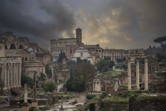 Rainy weather in the morning, sunrise in an old historic city. Beautiful details and historic Roman