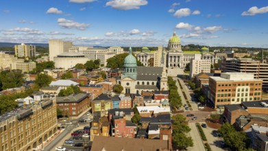 Early Morning light hits the buildings and downtown city center area in Pennsylvania state capital
