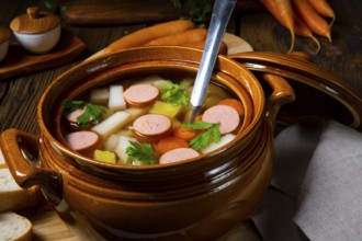 Potato and kohlrabi soup with bockwurst sausage