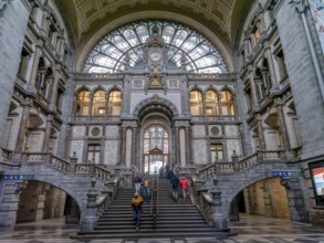 Interior view of the opulent old terminus station Antwerp-Centraal, Antwerp, Flanders, Belgium,