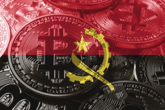 Angola bitcoin flag, national flag cryptocurrency concept black background