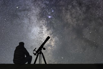 Man with astronomy telescope looking at the stars. Man telescope and starry sky. Night sky. Milky