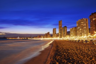 Benidorm skyline at sunset beach in Alicante of Apain