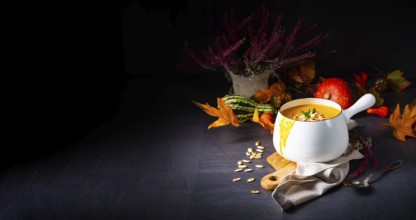 Cream of pumpkin soup with roasted pumpkin seeds and seed oil