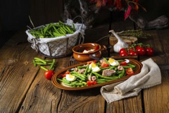 Rustic green bean salad with egg and tuna