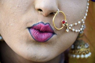 Woman lipstick and nose ring, Jaisalmer, Rajasthan, India, Asia