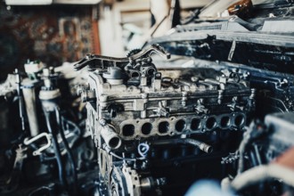 Close-up shot of an engine being repaired in an auto shop