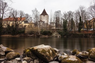 Freimannsturm, medieval town tower on the river Mur, long exposure, Leoben, Styria, Austria, Europe