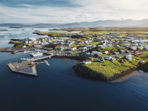 Beautiful aerial view of the Stykkisholmskirkja Harbor with Fishing ships boats at Stykkisholmur