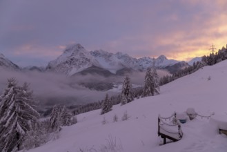 Dawn, Motta Naluns with view towards Val S-charl, Scuol, Engadin, Grisons, Switzerland, Europe