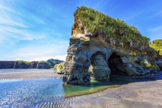 Powerful coastal rocks and arches to the ocean tide. The Pacific coast, New Zealand, North Island.