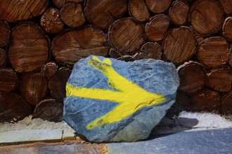 O Cebreiro by the way of Saint James in Galicia yellow arrow sign Spain