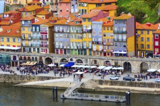Porto, Portugal old town ribeira aerial promenade view with colorful houses near Douro river