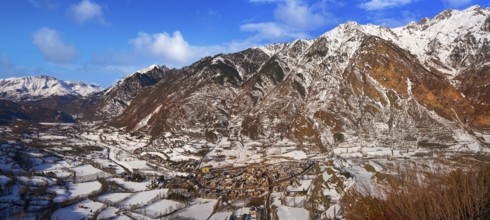 Benasque village Benas aerial view in Huesca Pyrenees of Spain
