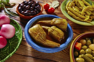 Tapas pickles mix olives chili onion eggplant from Spain