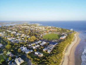 Aerial views of Queenscliff at dusk on a summer's day on the Bellarine Peninsula, Victoria,