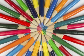 Abstract composition of complementary cirkel with color pencils against a white background