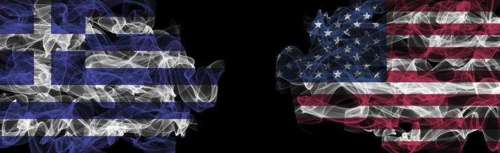 Flags of Greece and USA on Black background, Greece vs USA Smoke Flags