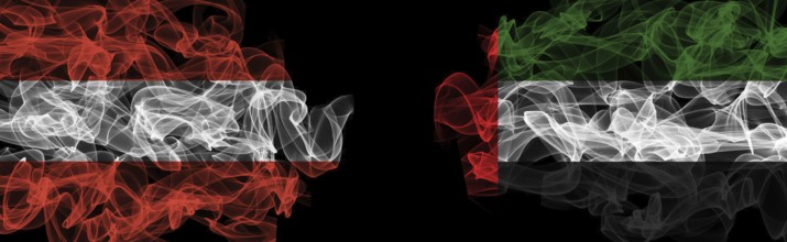 Flags of Austria and UAE on Black background, Austria vs United Arab Emirates Smoke Flags