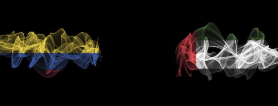 Flags of Colombia and UAE on black background, Colombia vs United Arab Emirates Smoke Flags