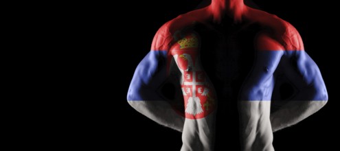 Serbia flag on muscled male torso with abs, black background