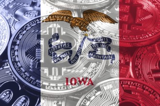 Iowa bitcoin flag, Iowa cryptocurrency concept background