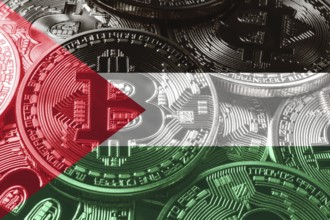 Palestine bitcoin flag, national flag cryptocurrency concept black background