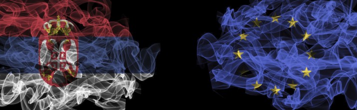 Flags of Serbia and EU on Black background, Serbia vs Europe Union Smoke Flags