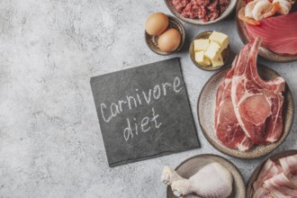 Food, Selection food for CARNIVORE DIET. Seafood, Meat, megs and fat. Zero carbs diet concept