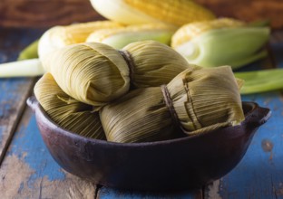 Food, Latin American food. Traditional homemade humitas of corn and leaves