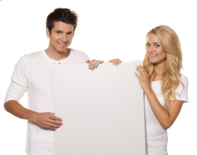 Paar mit leerem Poster zur Werbung für Eröffnung und Aktionen, Pair with an empty poster to
