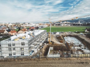 Aerial view of construction site somewhere in the country side of Slovenia. Construction site of