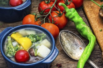 Traditional soup of fresh vegetables in blue pot on wooden background.Photo tinted
